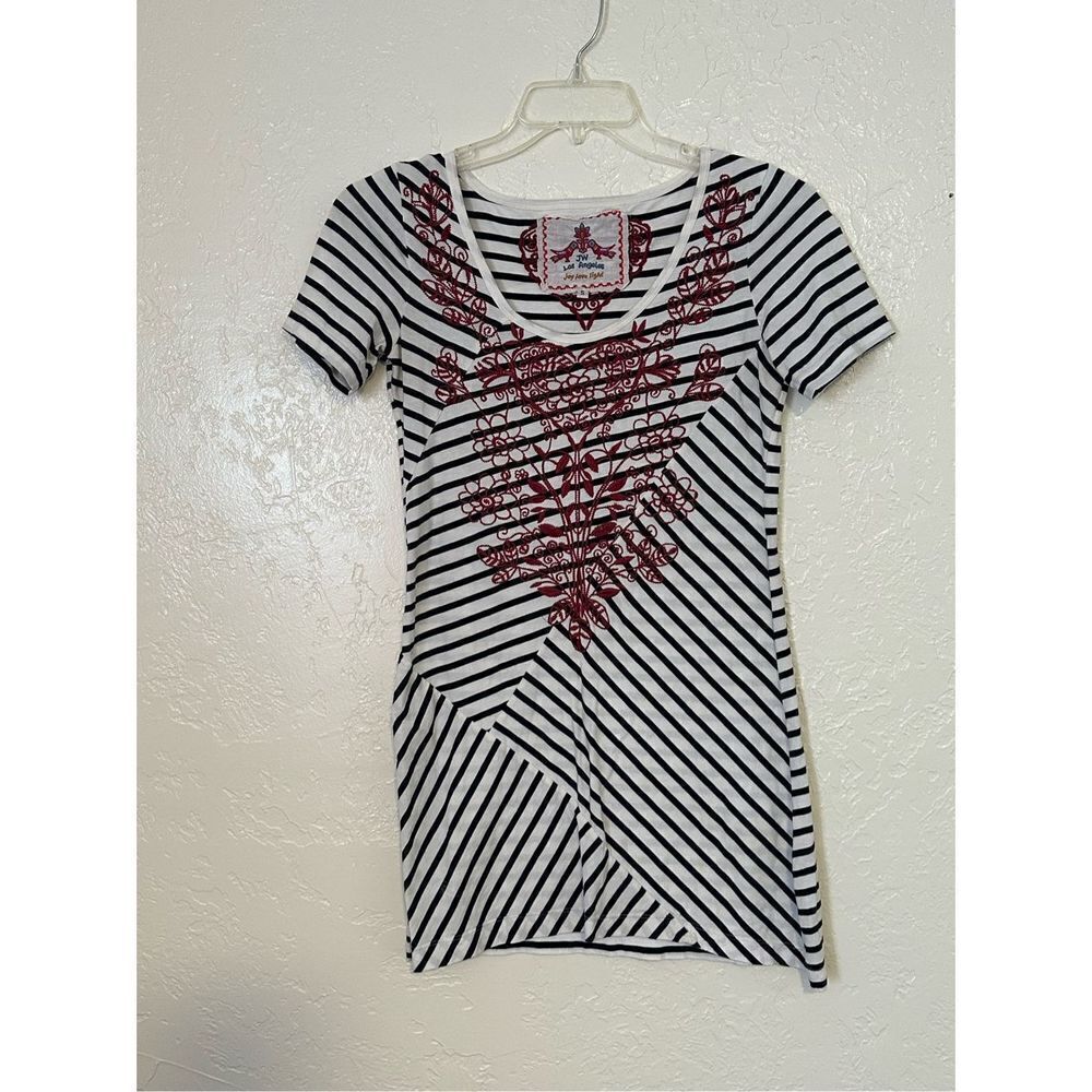 JOHNNY WAS JWLA Black White Striped Embroidered Mini Dress SMALL